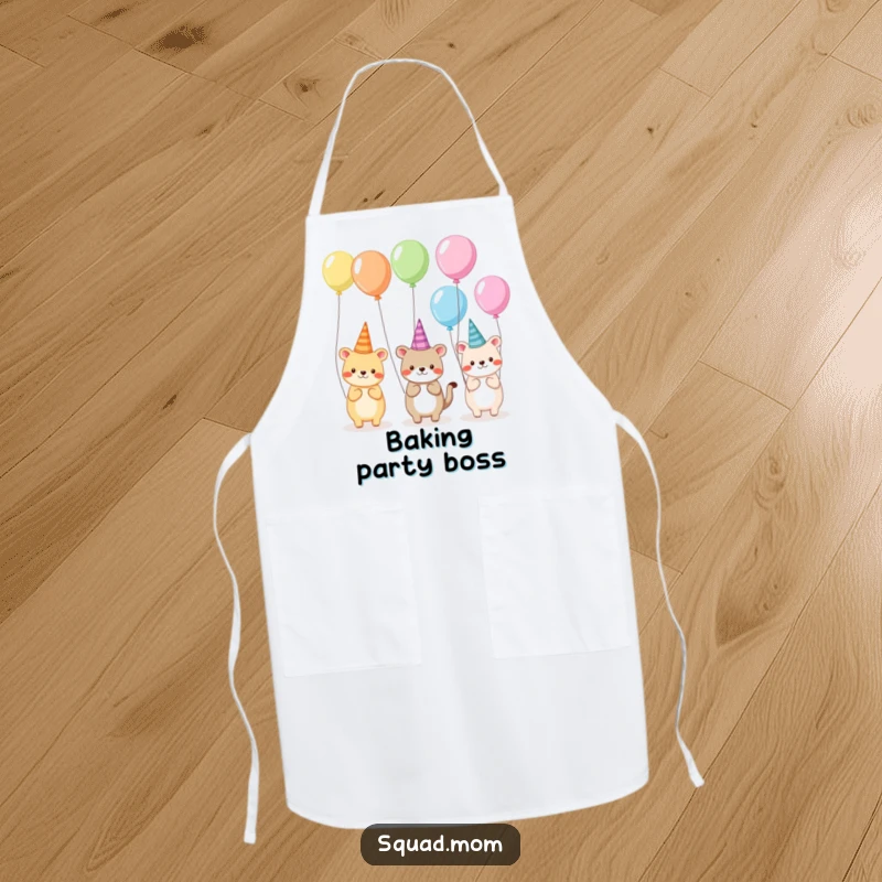 Funny apron design of animal friends in silly hats and holding balloons, adding a humorous and festive touch to kitchen activities.
