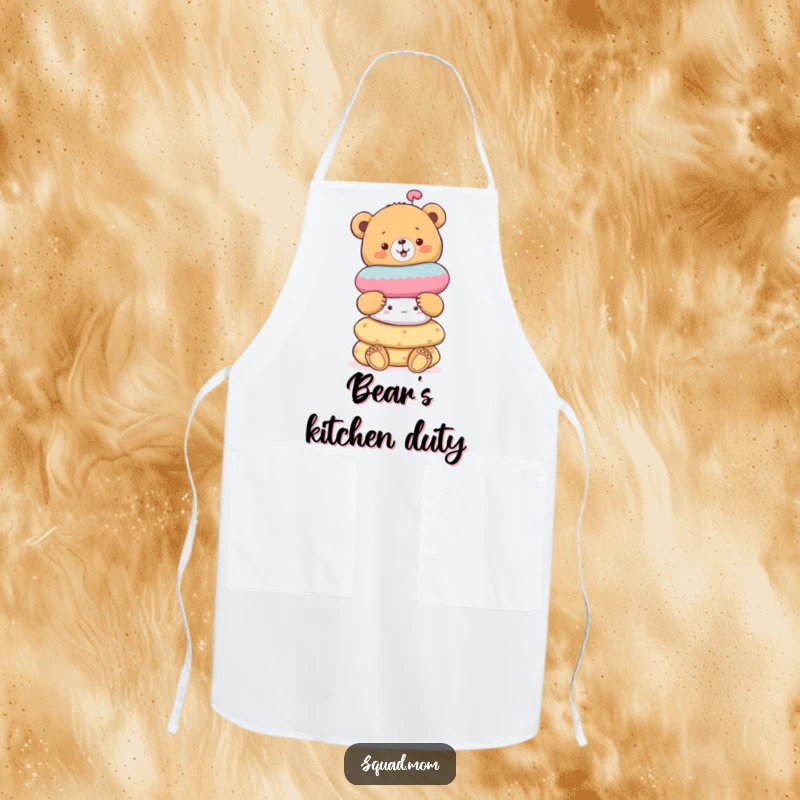 Funny cheerful bear cub balancing a stack of soft toys, a humorous and practical apron for kitchen fun.