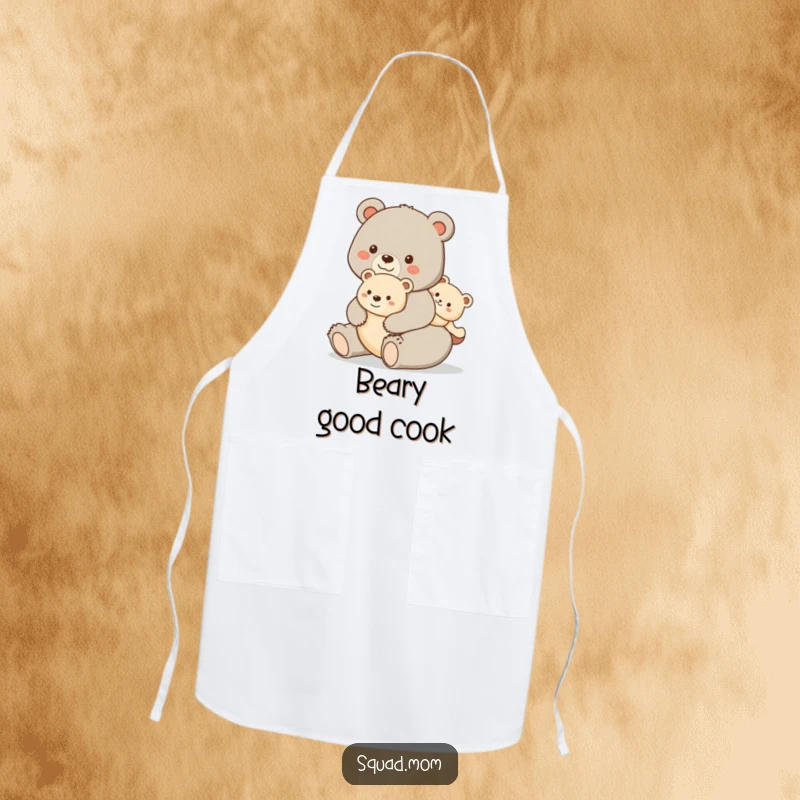 Funny apron with a happy bear mom giving her cub a piggyback ride, adding humor and charm to cooking and baking sessions.