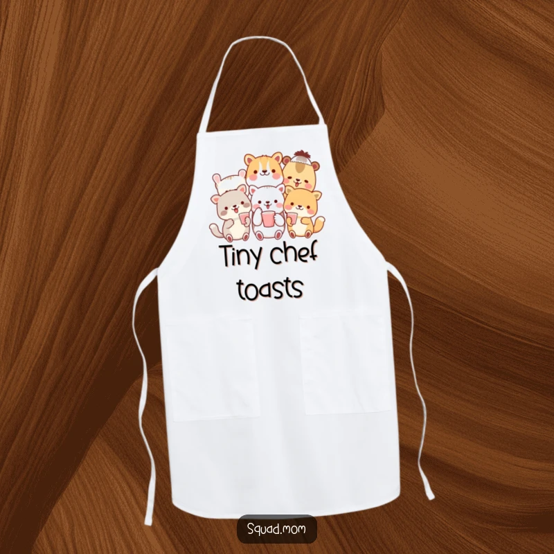 Funny kitchen apron featuring a cheerful group of animal friends toasting with small cups, perfect for hosting and celebrating.
