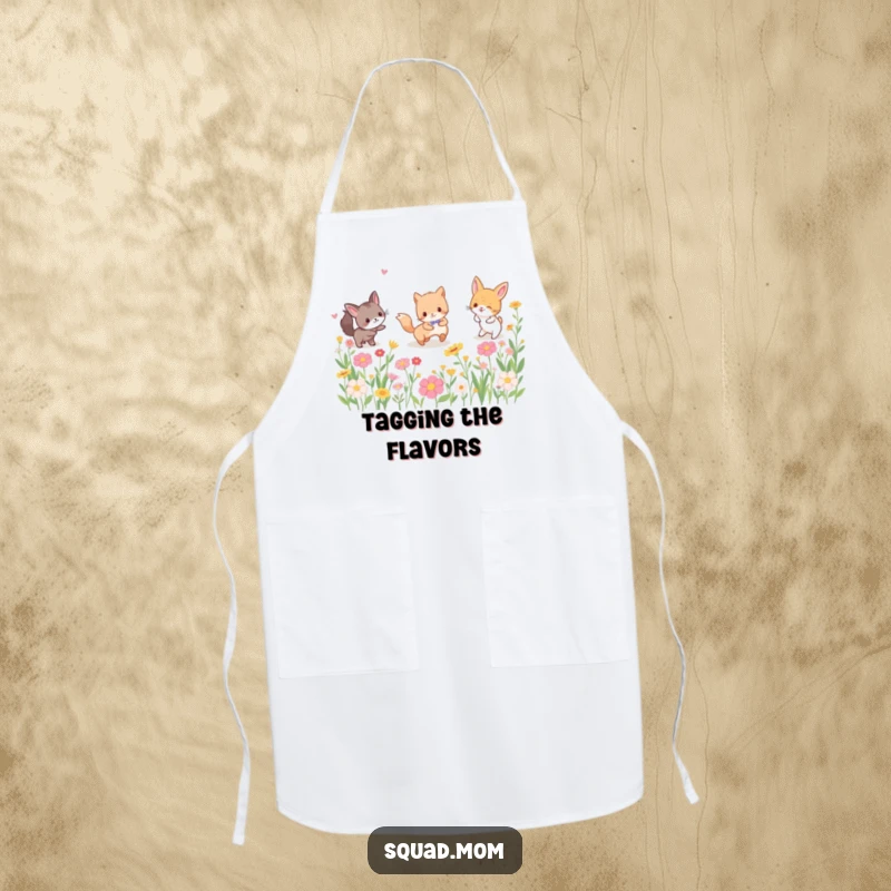 Funny apron featuring a group of energetic animal friends playing tag amidst a colorful field of flowers, perfect for kitchen or garden activities.