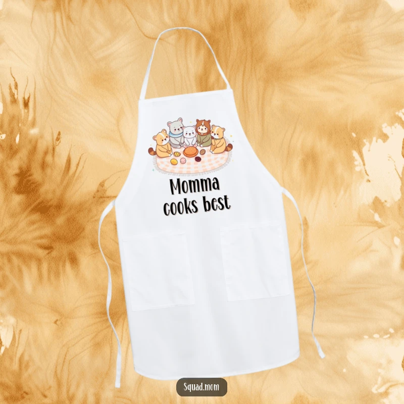 Funny apron, cute animal moms sharing a picnic blanket, bringing maternal humor to the kitchen.
