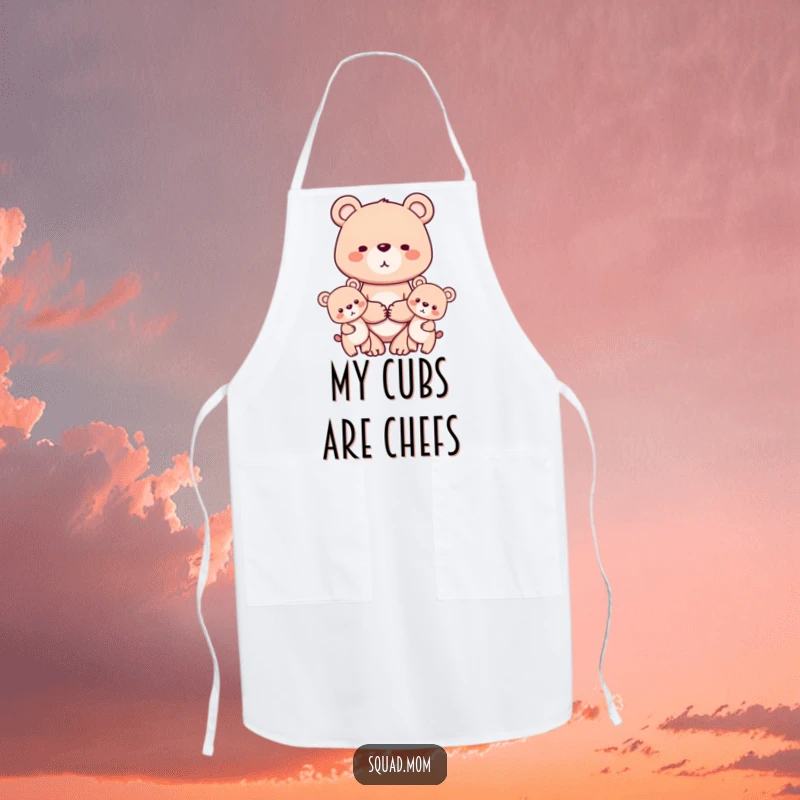 Funny apron showcasing a mother bear holding hands with her two cubs, ideal for kitchen tasks with a heartwarming and humorous family theme.