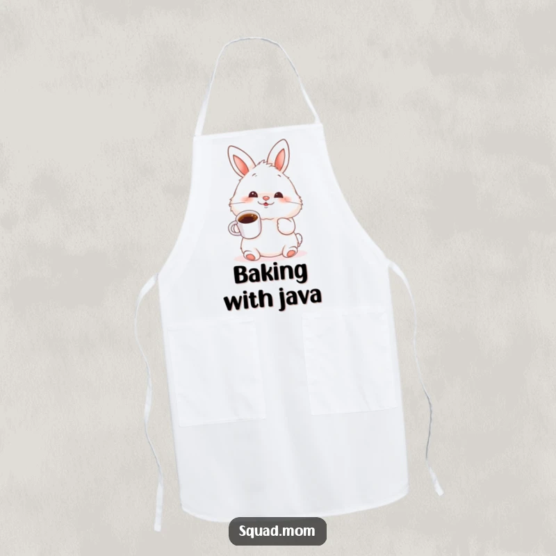 Funny fluffy bunny wiggling its nose and holding a tiny coffee cup, a humorous and practical apron for kitchen fun.
