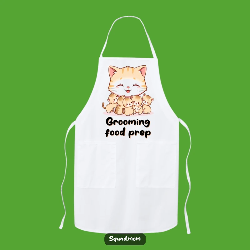 Funny Cat Mom Apron: Happy Mother Cat Grooming Kittens, Humorous Kitchen Wear Gift