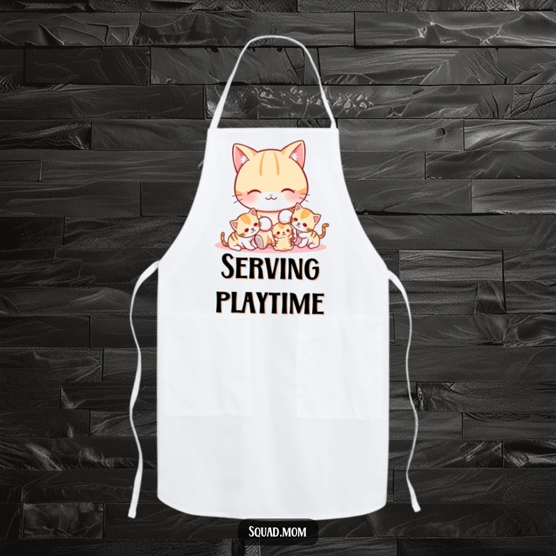 Funny cat mom character playing with her kittens, a cute and practical apron for kitchen use.