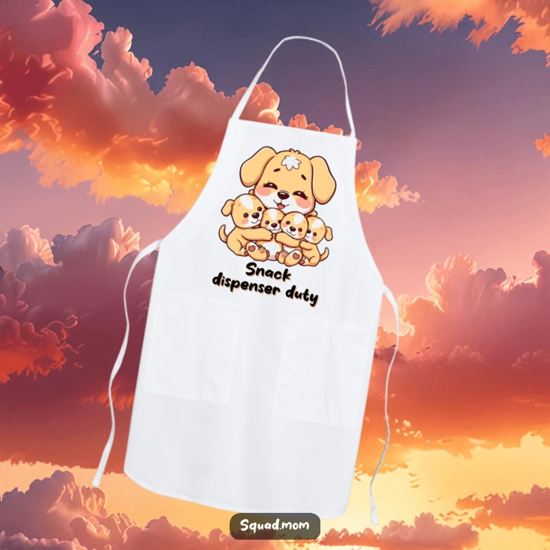 Funny apron illustrating a motherly dog hugging her puppies, bringing a touch of warmth and humor to kitchen tasks.