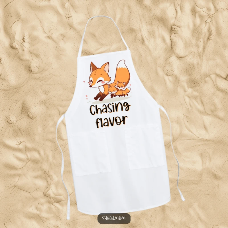 Funny apron illustrating a mother fox and her kits in a playful chase, ideal for kitchen fun.