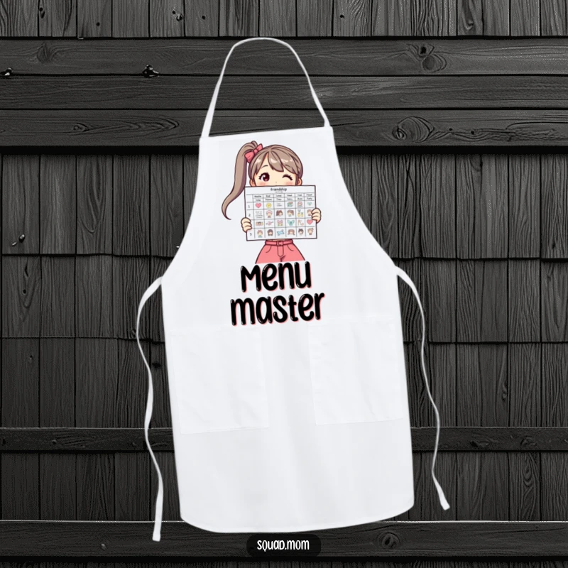 Funny apron showing a woman displaying a friendship activity chart, great for kitchen fun.