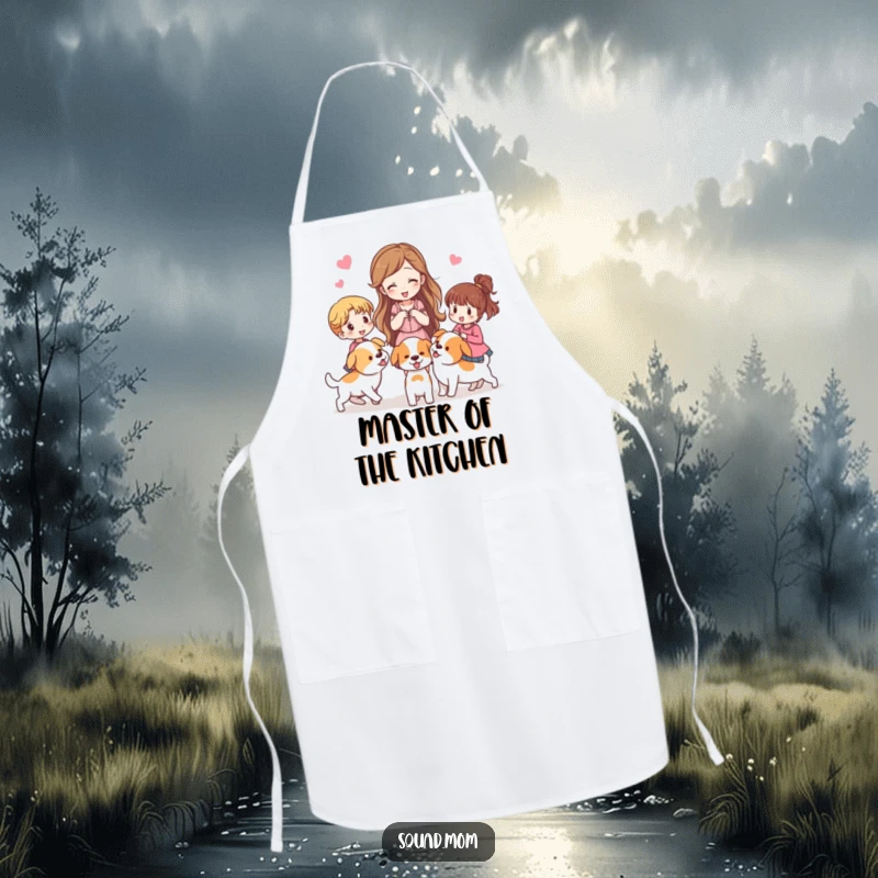 Funny apron showing a woman herding other women like puppies, great for kitchen fun.