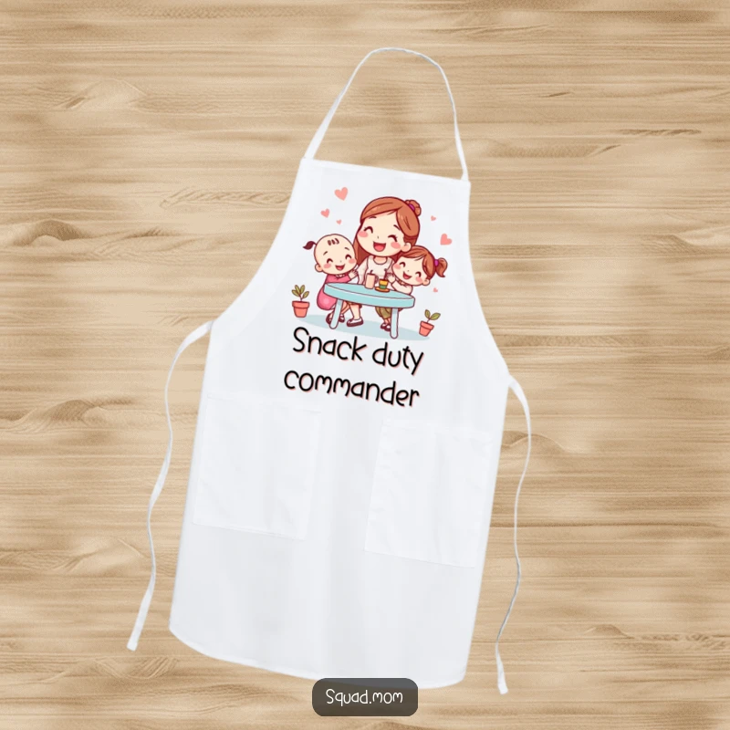 Funny apron showing a smiling mom friend organizing a playdate, perfect for kitchen fun and protecting clothes, a humorous and functional funny gift.