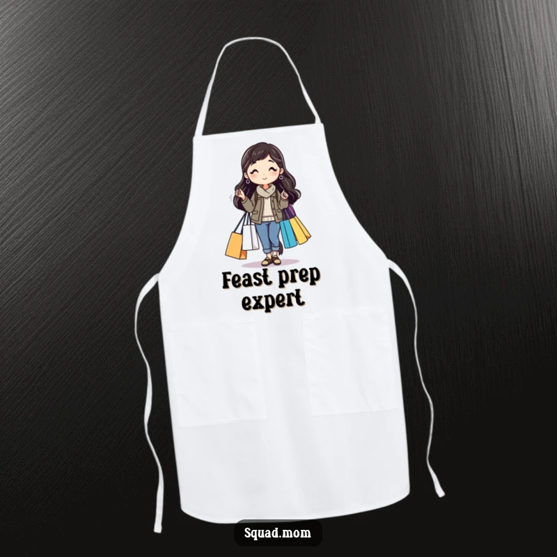 Funny apron of a mom friend carrying multiple shopping bags, perfect for kitchen activities with a humorous shopping theme, a functional funny gift.