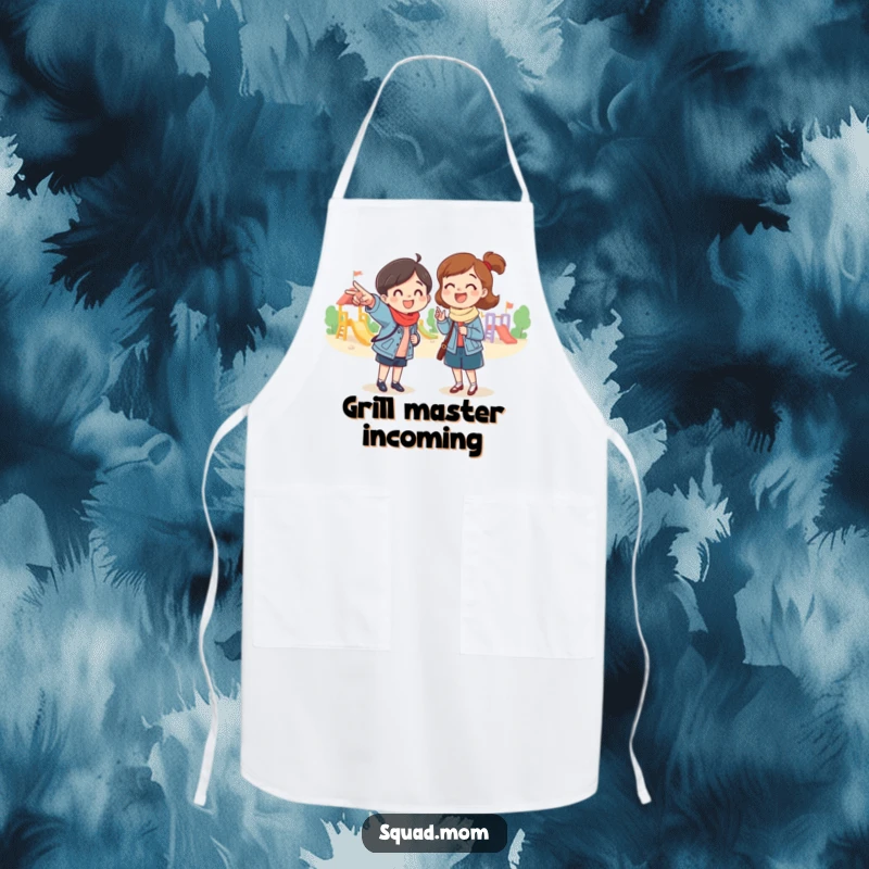 Funny apron of a mom friend pointing excitedly towards a playground, perfect for kitchen activities with a humorous park theme, a functional funny gift.