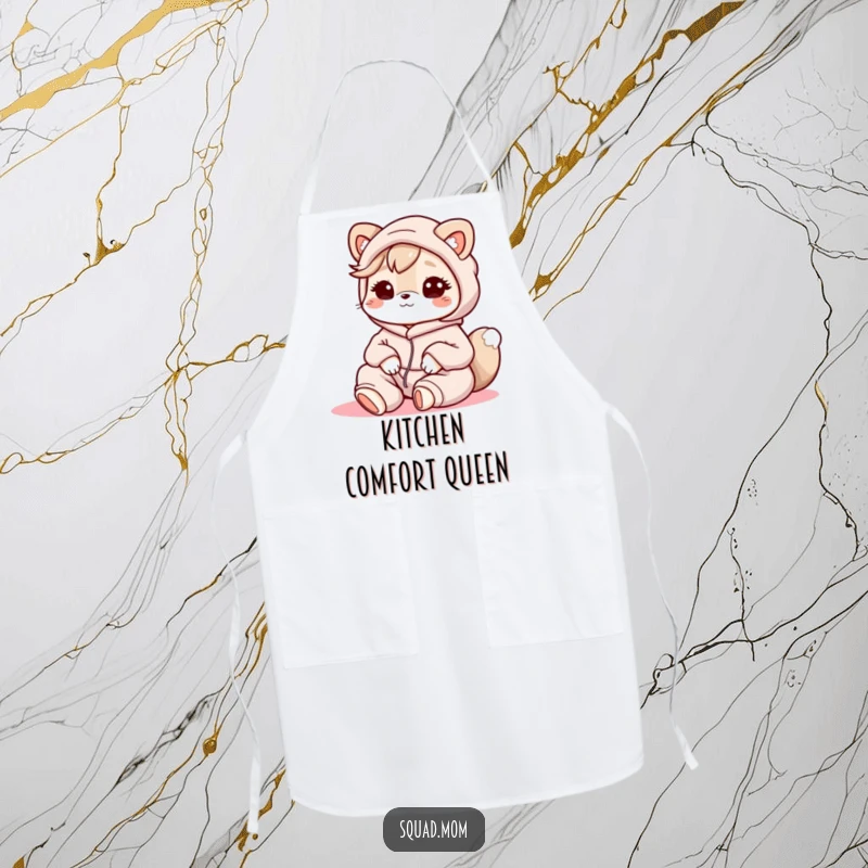 Funny Kawaii Mom Friend Apron: A cute animal character in lounge attire makes this apron a funny and cozy kitchen essential.