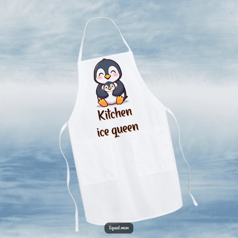 Funny kitchen apron featuring a penguin mom protecting her chick, perfect for cooking with a dose of maternal warmth.