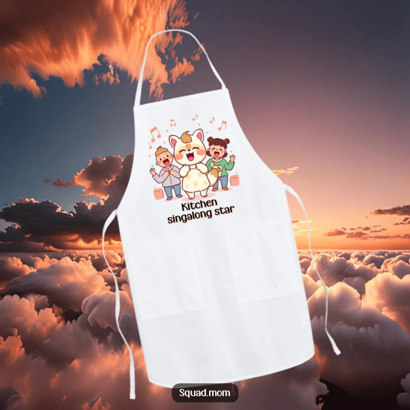 Funny Kawaii mom friend animal character singing with gusto on a kitchen apron, celebrating musical moms.