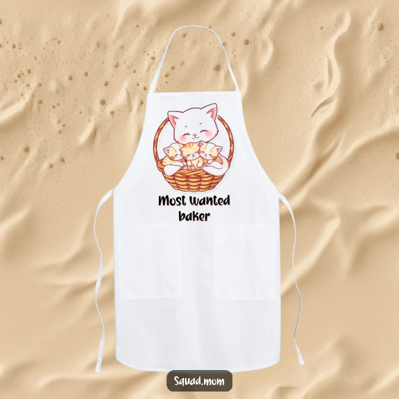 Funny apron showcasing a tender mama cat with her playful kittens nestled in a basket, perfect for a loving kitchen.