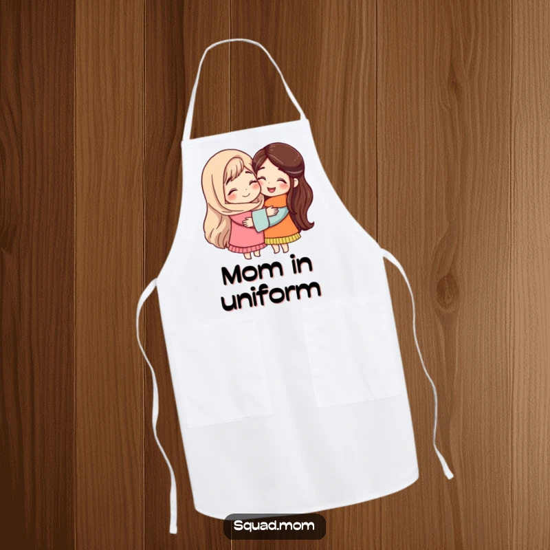 An apron designed with two mom friends in a warm hug, perfect for the kitchen and celebrating the humor of mom life.