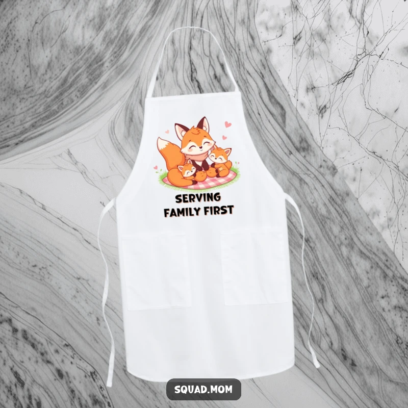Funny Fox Mom apron featuring a happy picnic scene with her kits, ready for fun family cooking adventures.