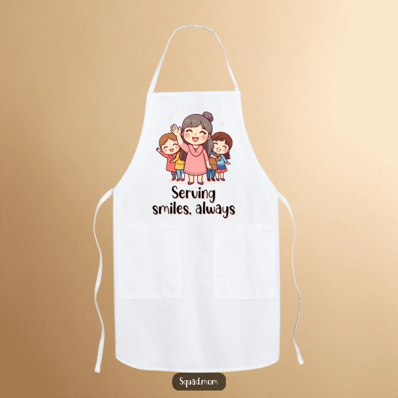 Funny apron of a mom friend waving cheerfully to friends, perfect for kitchen activities with a welcoming humor theme, a functional funny gift.