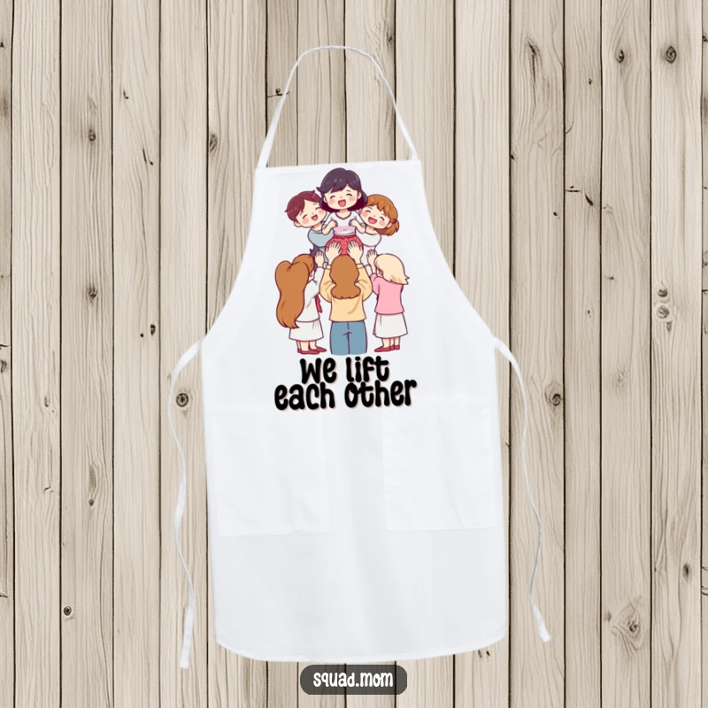 Funny Apron: Women lifting a friend, celebrating teamwork in the kitchen, a humorous funny gift for cooks.
