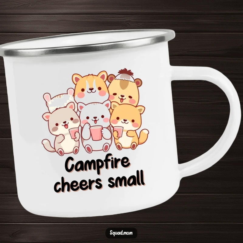 Funny camping mug showcasing a cheerful group of animal friends toasting with small cups, perfect for outdoor celebrations.