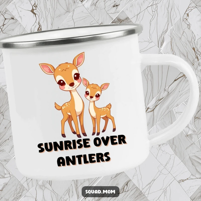 Funny camping mug showcasing a deer mom and her fawn, perfect for outdoor adventures and appreciating nature's tranquility.