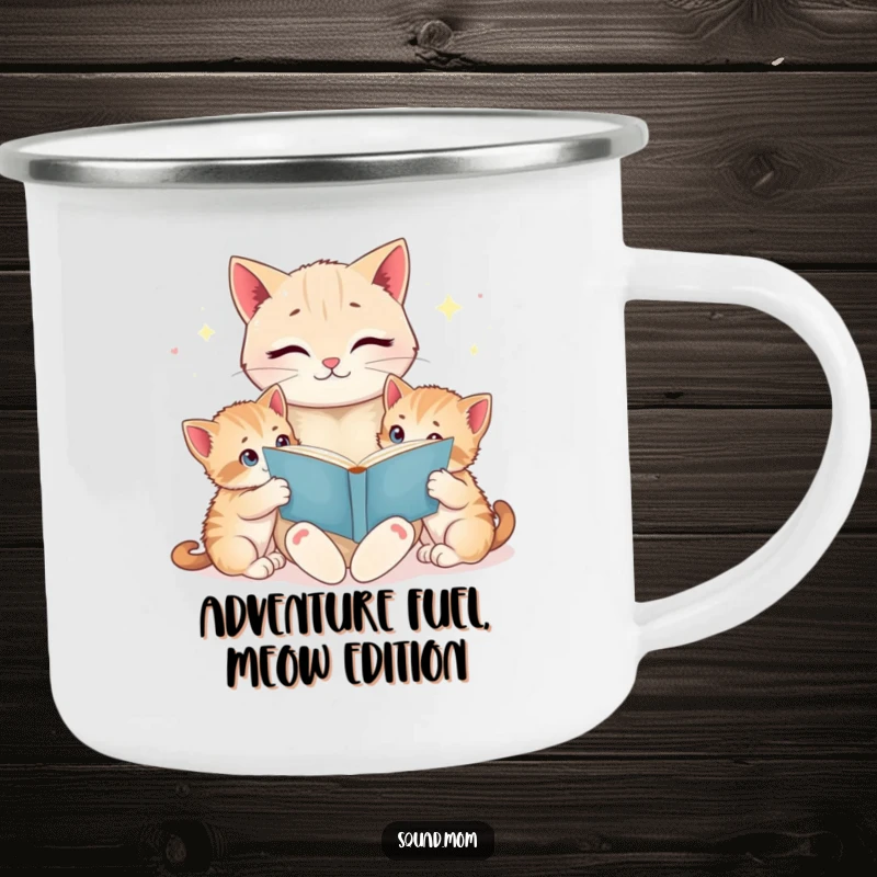 Funny cat mom reading a bedtime story to her wide-eyed kittens, on a rugged camping mug, perfect for outdoor enthusiasts.