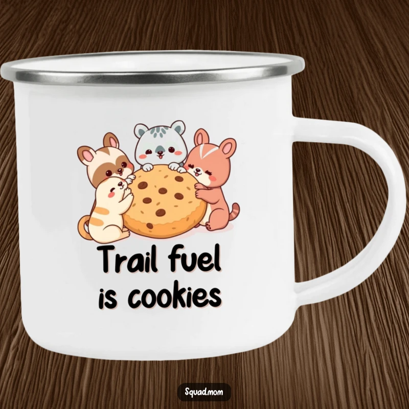 Funny camping mug with animal friends gathered around a giant cookie, durable for outdoor adventures and funny moments.