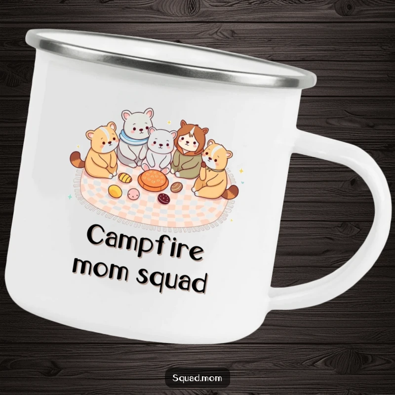 Funny camping mug, cute animal moms sharing a picnic blanket, perfect for outdoor fun and maternal humor.