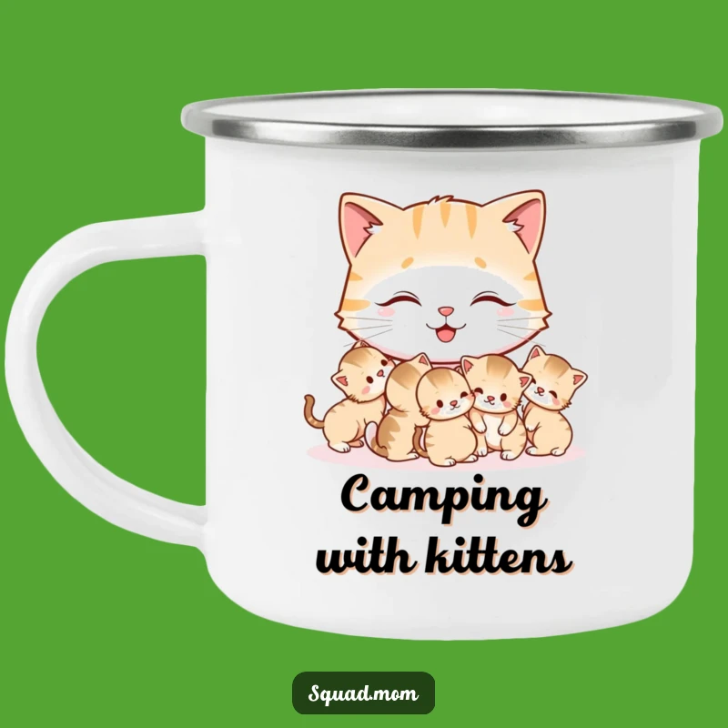 Funny Cat Mom Camping Mug: Happy Mother Cat Grooming Kittens, Humorous Outdoor Gift