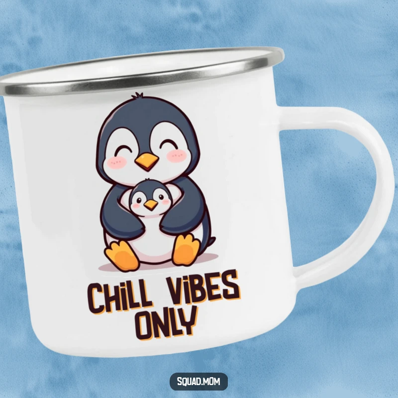 Funny camping mug showcasing a penguin mom protecting her chick, durable for adventures and inspiring warmth.