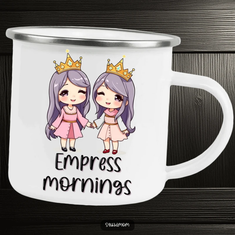 Funny camping mug depicting two women holding hands, each wearing a matching sparkly crown, ready for adventure.