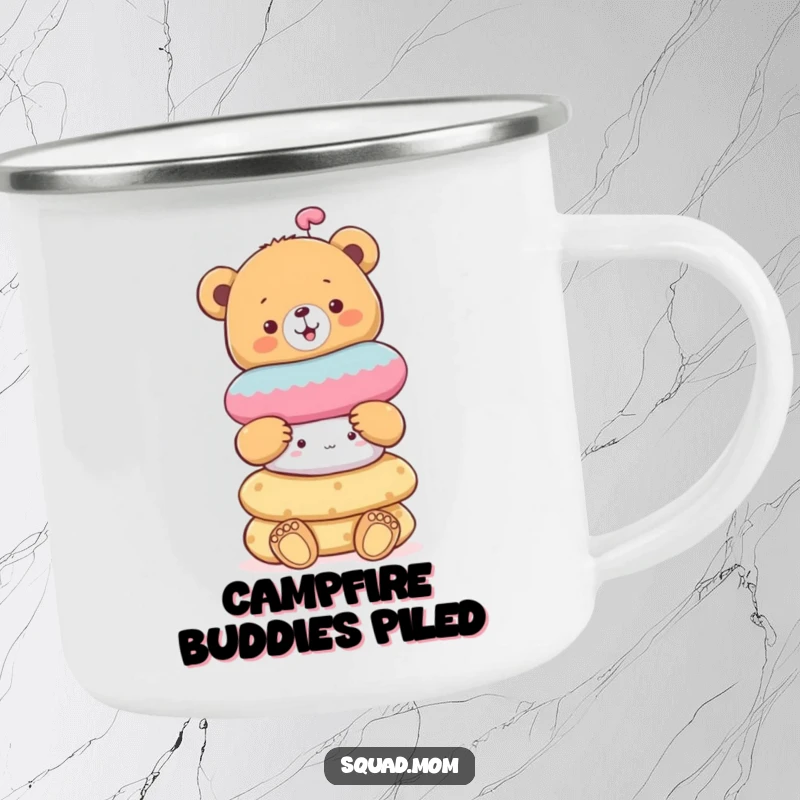 Funny cheerful bear cub balancing a stack of soft toys, a durable and humorous camping mug.
