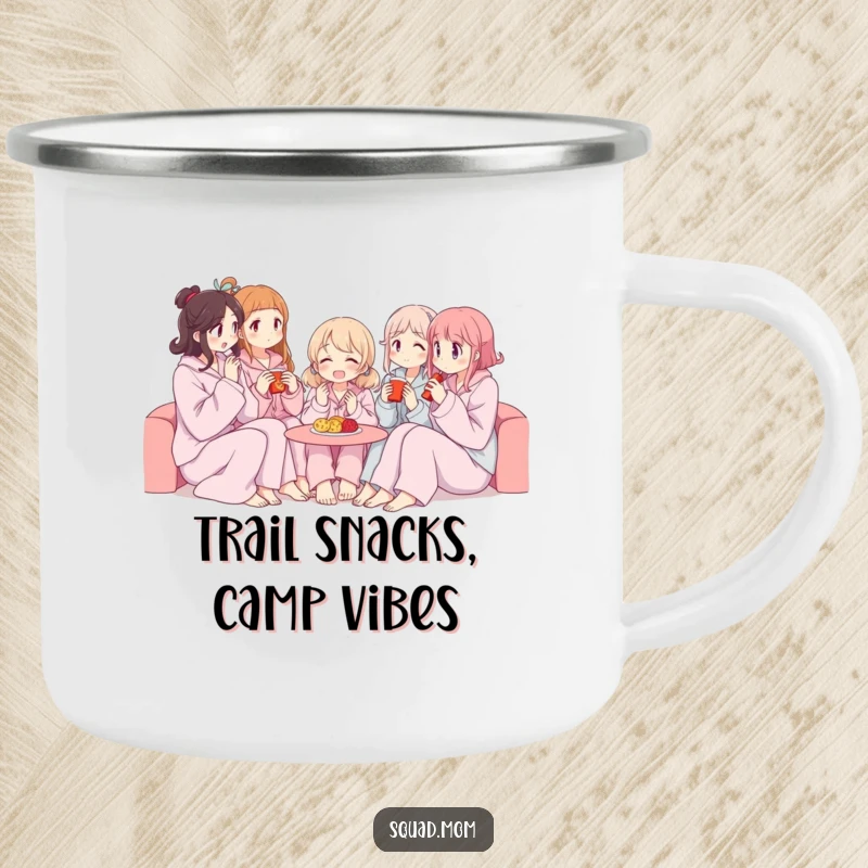 Funny camping mug showing women in pajamas sharing snacks, ideal for outdoor gatherings.