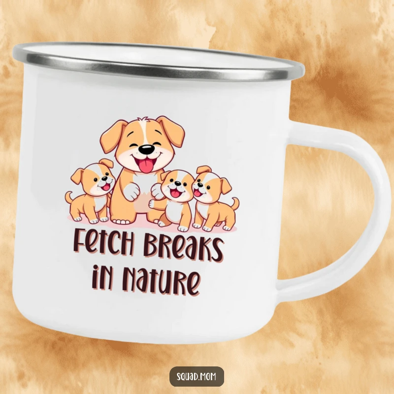 Funny Dog Mom Camping Mug showing a determined mother dog teaching her puppies to fetch, ideal for enjoying beverages in the great outdoors.