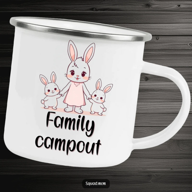 Funny Enamel Camping Mug: A bunny mom character holding hands with two small bunny children on a camping trip.