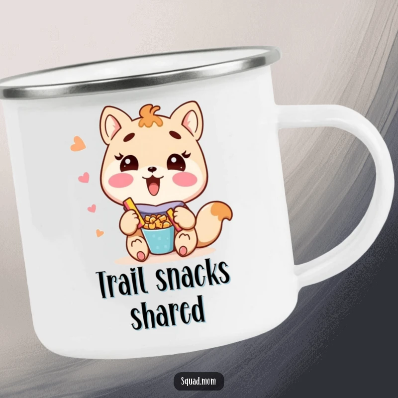 Funny Kawaii mom friend animal character sharing snacks on a durable camping mug, perfect for outdoor trips.