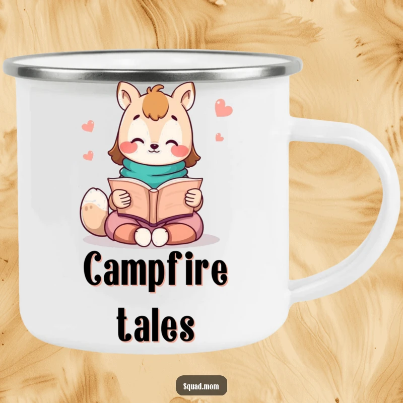 Funny Kawaii Mom Friend Camping Mug: A cute animal character reading a storybook adds a cozy, story-filled vibe to your camp.