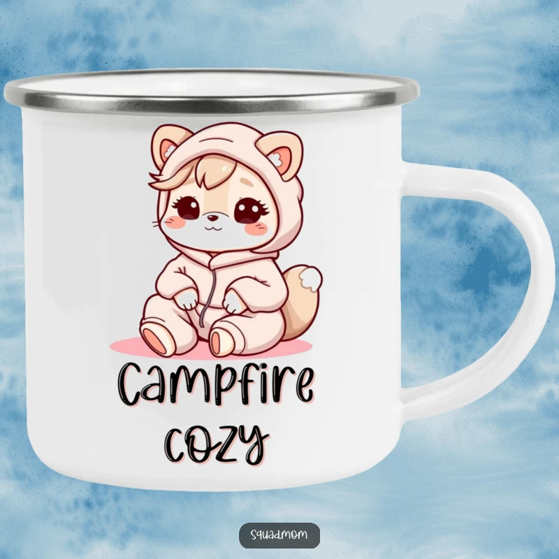 Funny Kawaii Mom Friend Camping Mug: A cute animal character in lounge clothes brings cozy vibes to your outdoor beverage enjoyment.