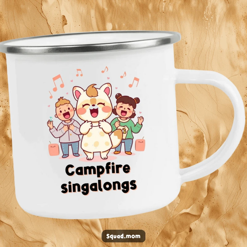 Funny Kawaii mom friend animal character singing with musical notes on a durable camping mug, for musical moms outdoors.