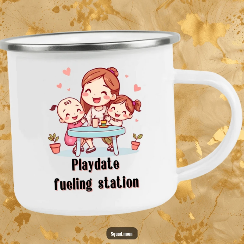 Funny camping mug featuring a smiling mom friend organizing a playdate, perfect for outdoor adventures with humor, a durable and funny gift.