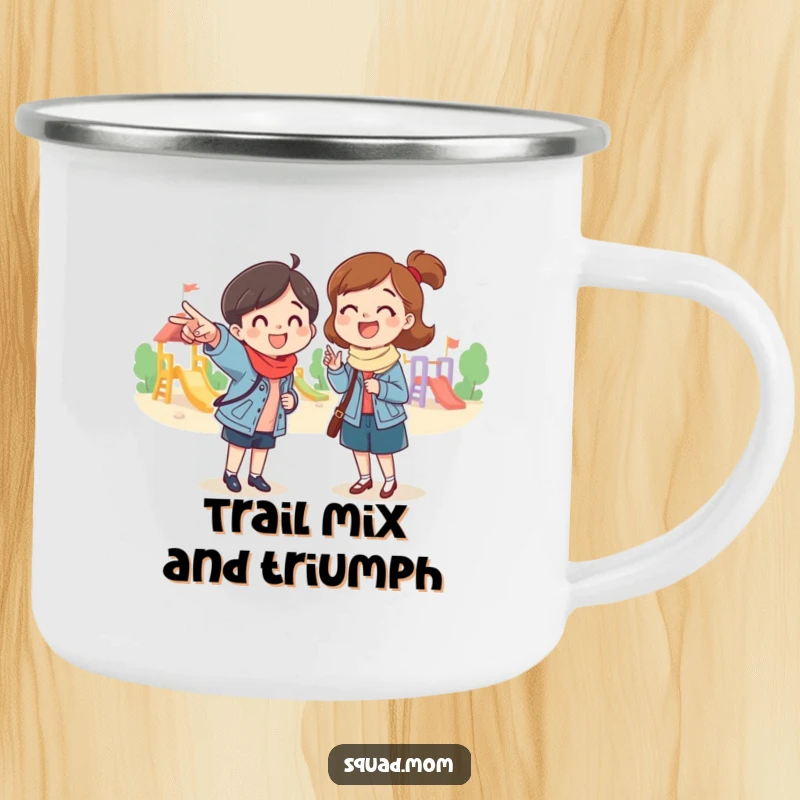 Funny camping mug featuring a mom friend pointing excitedly towards a playground, perfect for outdoor enjoyment with humor, a durable and funny gift.