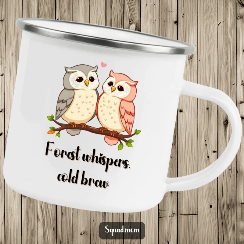 Funny owl moms sharing secrets and gossip while perched on a branch, on a rugged camping mug, perfect for outdoor enthusiasts.