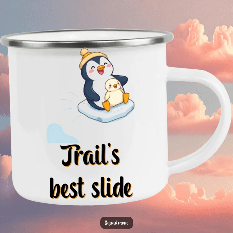 Funny penguin mom and chick enjoying an icy slide on a durable camping mug, perfect for outdoor humor.
