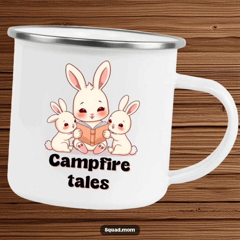 Funny rabbit mom reading a story to her babies, a durable camping mug for outdoor enthusiasts.
