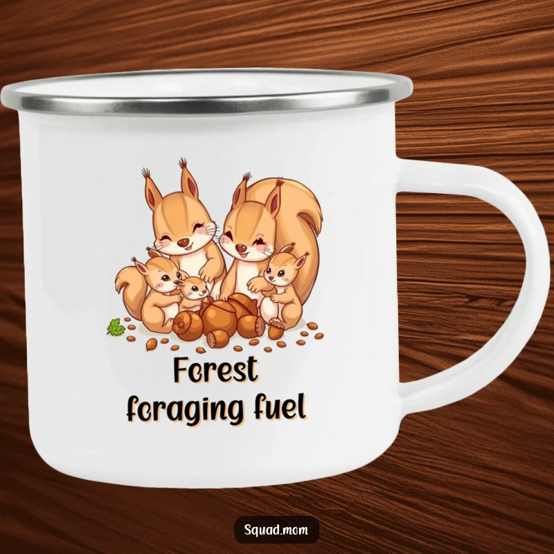 Funny camping mug illustration of a mother squirrel and babies gathering acorns during an outdoor adventure, a humorous gift.