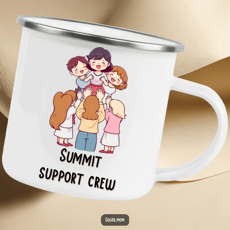 Funny Camping Mug: Women triumphantly lifting a friend, rugged design for adventurers, a durable funny gift.