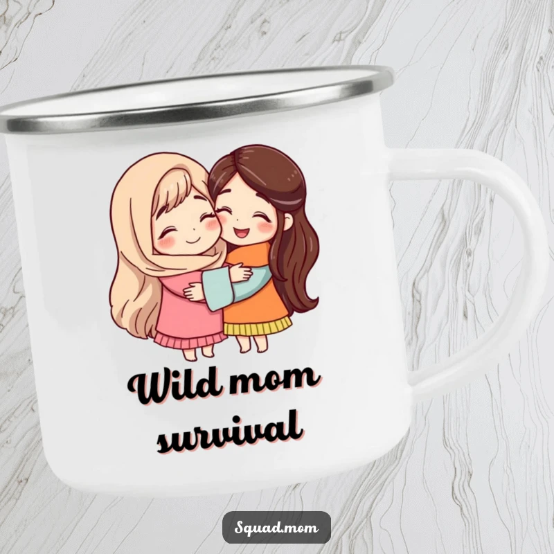 A durable camping mug featuring two mom friends in a warm embrace, celebrating their bond during outdoor adventures.