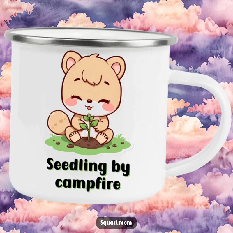 Funny camping mug with an animal mom character planting a tiny seed, perfect for enjoying drinks during outdoor adventures and moments of reflection.